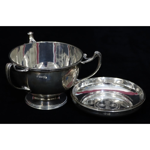 242 - A George III silver 3-handled cup with cover, inset with 17th Century coin, Sheffield 1933/4, maker'... 