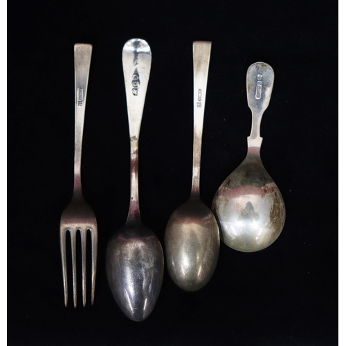 266 - A modern London silver caddy spoon, a pair of Sheffield silver child's forks and spoons and a Georgi... 