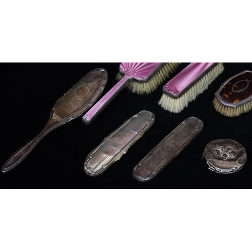 291 - A Birmingham silver and tortoiseshell gentlemen's hairbrush, 2 silver and pink enamelled brushes (en... 