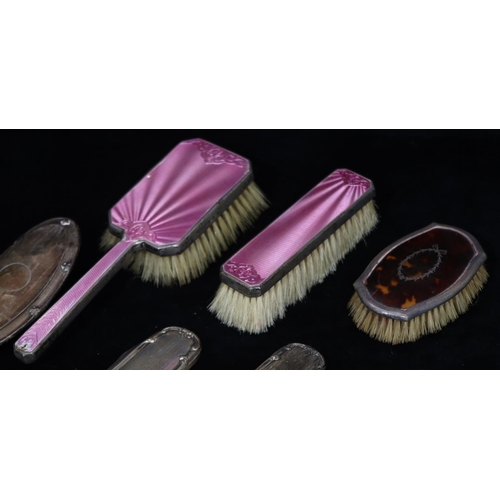 291 - A Birmingham silver and tortoiseshell gentlemen's hairbrush, 2 silver and pink enamelled brushes (en... 