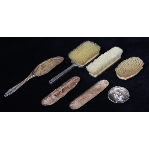 291 - A Birmingham silver and tortoiseshell gentlemen's hairbrush, 2 silver and pink enamelled brushes (en... 