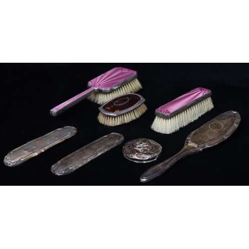 291 - A Birmingham silver and tortoiseshell gentlemen's hairbrush, 2 silver and pink enamelled brushes (en... 