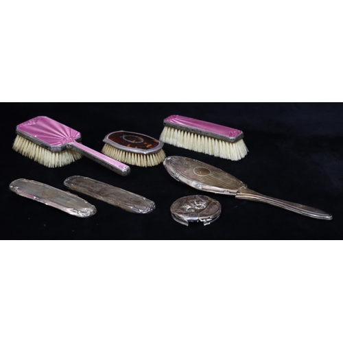 291 - A Birmingham silver and tortoiseshell gentlemen's hairbrush, 2 silver and pink enamelled brushes (en... 