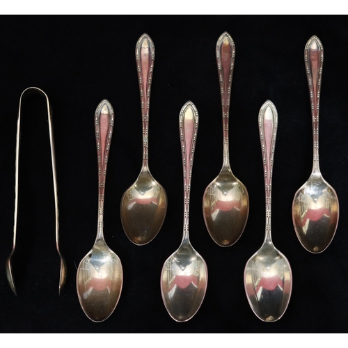 293 - A set of 6 Walker & Hall Sheffield silver teaspoons and matching sugar tongs in fitted black leather... 