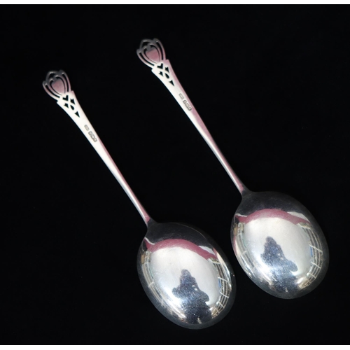 296 - A pair of Sheffield silver serving spoons with pierced handles, maker's mark A & D, 2.9oz (2)