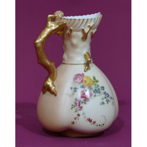 3 - A Royal Worcester blush round bulbous jug with branch shaped handle with allover painted floral, lea... 
