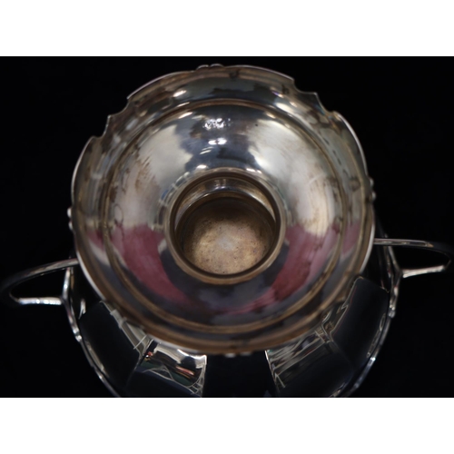 301 - A George V silver round bulbous 2-handled trophy with engraved presentation, scallop shaped rim on s... 