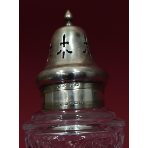 312 - A cut glass round sugar caster with Birmingham silver lid, 16.5cm high, a pair of cut glass round bu... 