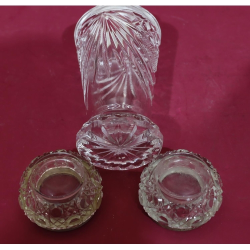 312 - A cut glass round sugar caster with Birmingham silver lid, 16.5cm high, a pair of cut glass round bu... 