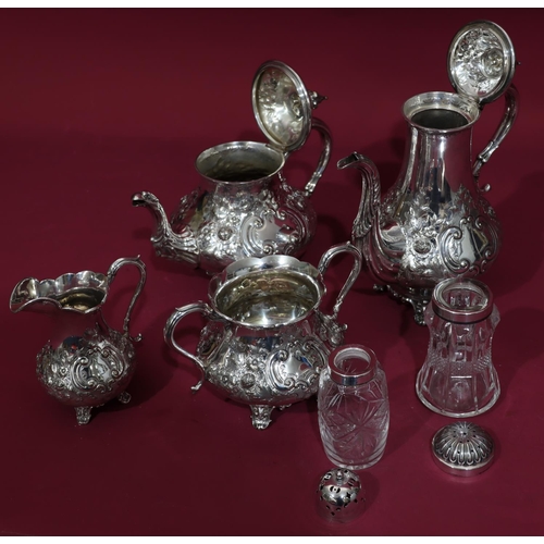 313 - A silver plated round bulbous 4-oiece tea and coffee service with allover embossed floral, leaf and ... 