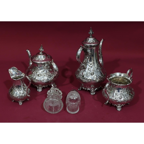 313 - A silver plated round bulbous 4-oiece tea and coffee service with allover embossed floral, leaf and ... 