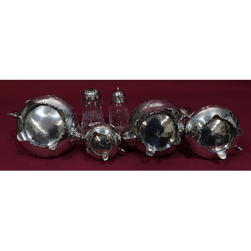 313 - A silver plated round bulbous 4-oiece tea and coffee service with allover embossed floral, leaf and ... 