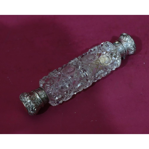 316 - A 19th Century cut glass cylindrical double-ended scent bottle, screw and hinged lids with embossed ... 