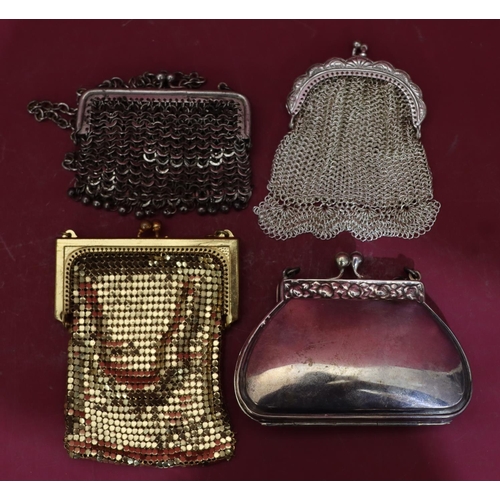 317 - A silver plated ladies' evening bag with chain, 3 mesh purses (1 with chain) (4)