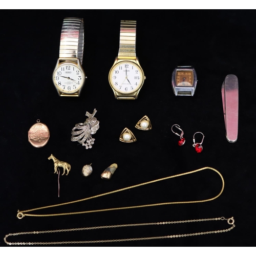 331 - A gold coloured metal stickpin in the form of a horse, 3 various watches and a small quantity of oth... 