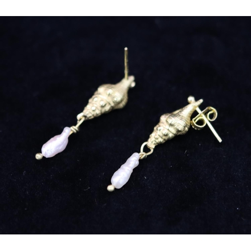 334 - A pair of 18ct gold and pearl drop earrings in the form of shells, overall weight 4.6 grams gross