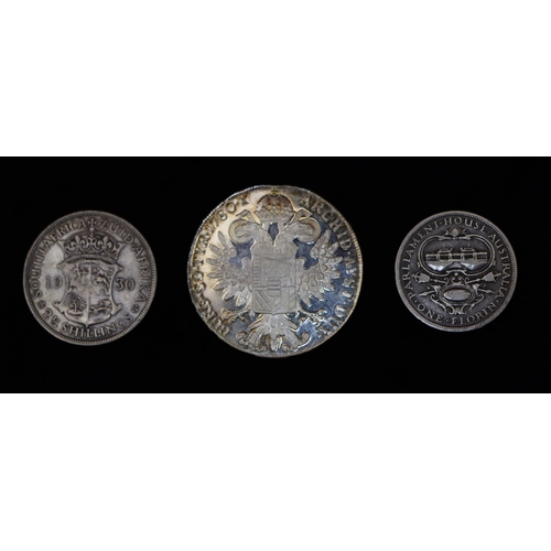 371 - Maria Theresa coin, A South African 1930 Two and Half Shillings and an Australian Parliament House O... 