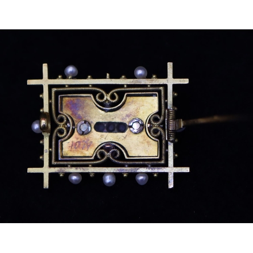 375 - A high carat gold rectangular and blue enamelled brooch set with 9 rough cut diamonds surrounded by ... 