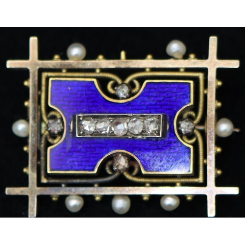 375 - A high carat gold rectangular and blue enamelled brooch set with 9 rough cut diamonds surrounded by ... 