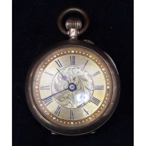 377 - A 9ct gold fob watch with gilt dial and Roman numerals (working), 16.1 grams gross