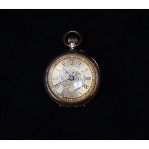 377 - A 9ct gold fob watch with gilt dial and Roman numerals (working), 16.1 grams gross