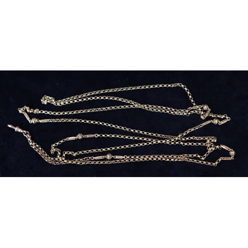 378 - A 9ct gold guard chain with ball and bar mounts and single clip, 72.5cm long, 11.7 grams