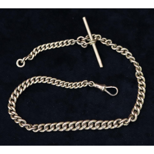 393 - A 9ct gold watch chain with T-bar, 33.5cm long, 39.6 grams