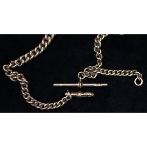 393 - A 9ct gold watch chain with T-bar, 33.5cm long, 39.6 grams