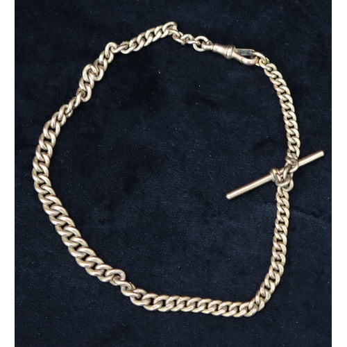 393 - A 9ct gold watch chain with T-bar, 33.5cm long, 39.6 grams