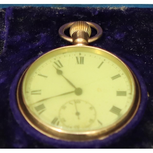 394 - A 9ct gold open faced pocket watch with later bezel,  white enamel dial and seconds dial (working), ... 