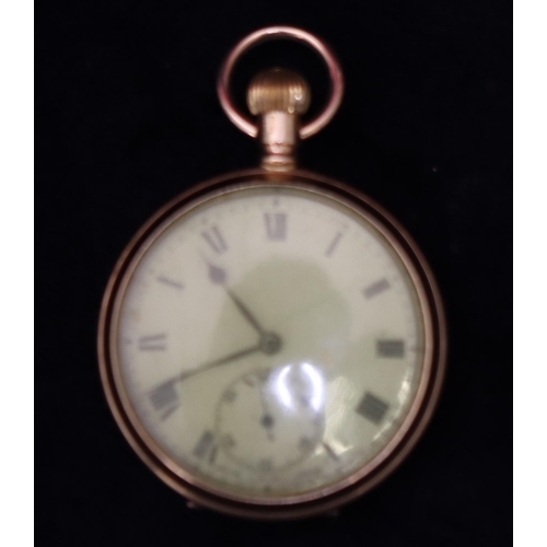 394 - A 9ct gold open faced pocket watch with later bezel,  white enamel dial and seconds dial (working), ... 