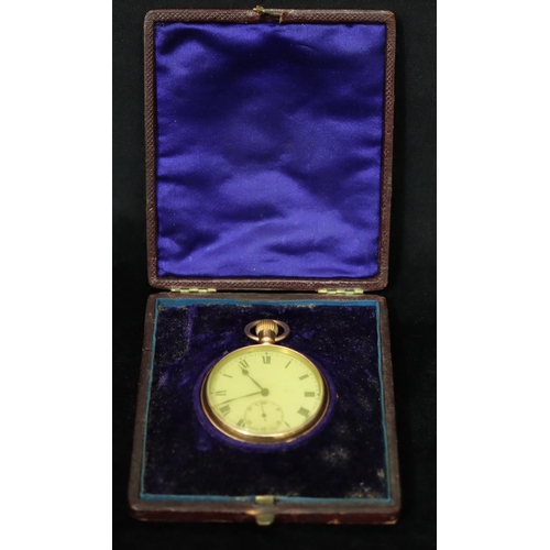 394 - A 9ct gold open faced pocket watch with later bezel,  white enamel dial and seconds dial (working), ... 