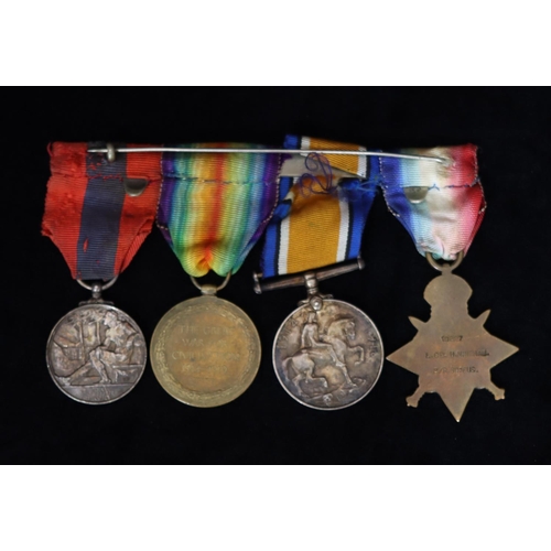 422 - A bar of 4 WWI Military medals, 1914-18 medal, war medal, 1914 Star and George V for Faithful Servic... 