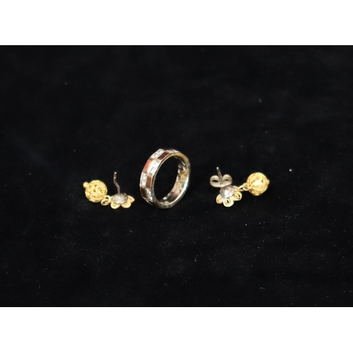 495 - A 9ct gold eternity ring set with clear stones (1 stone missing), Size L/M, 4.7 grams gross, a pair ... 