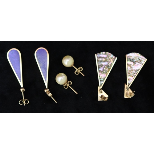 503 - A pair of 9ct gold and Lapis Lazuli drop earrings, a pair of 9ct gold and Mother of Pearl drop earri... 