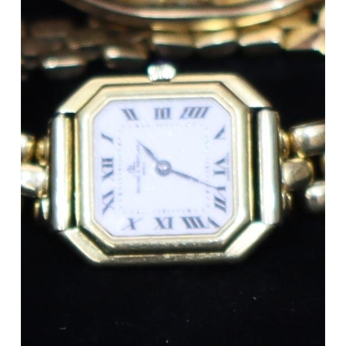 509 - Baume & Mercier 18ct gold ladies' wristwatch with white square dial and Roman numerals, matching str... 