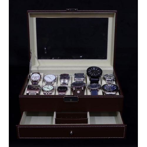 518 - Ben Sherman wristwatch and 11 various modern wristwatches, all in brown leather jewellery case