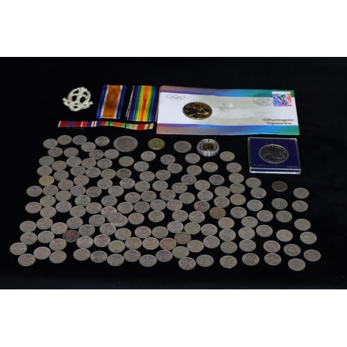 522 - A quantity of post 1947 Sixpences, an Olympics Sports 5 Dollar proof coin, etc.