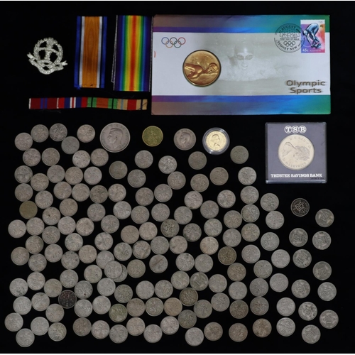 522 - A quantity of post 1947 Sixpences, an Olympics Sports 5 Dollar proof coin, etc.