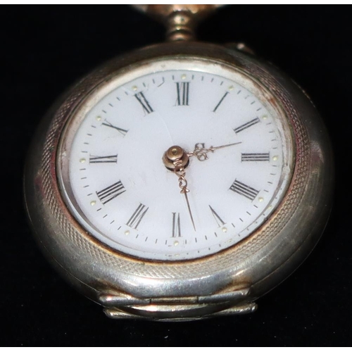 544 - An 800 silver coloured metal fob watch with white enamel dial and Roman numerals, allover engine tur... 