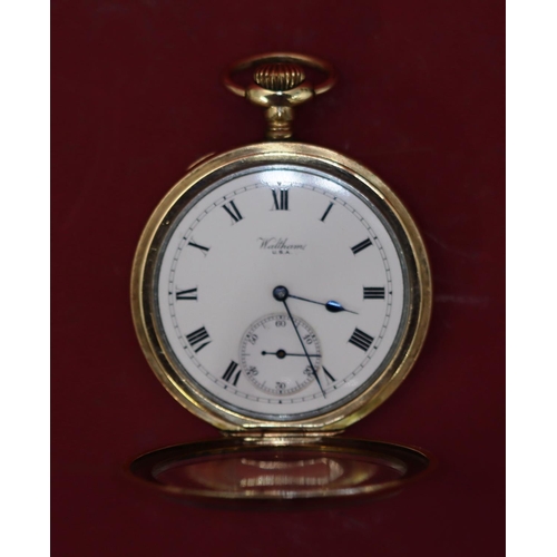 575 - A Waltham gold plated open faced pocket watch with white enamel dial, seconds dial and Roman numeral... 