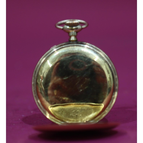 575 - A Waltham gold plated open faced pocket watch with white enamel dial, seconds dial and Roman numeral... 