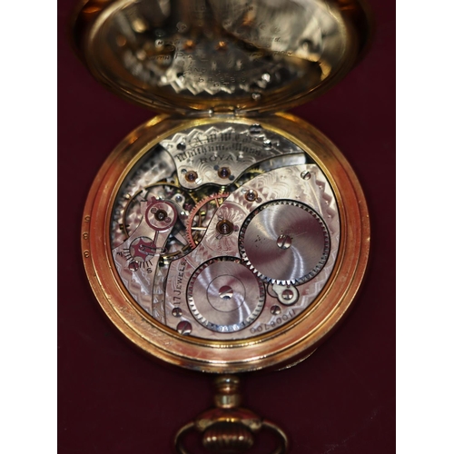 575 - A Waltham gold plated open faced pocket watch with white enamel dial, seconds dial and Roman numeral... 