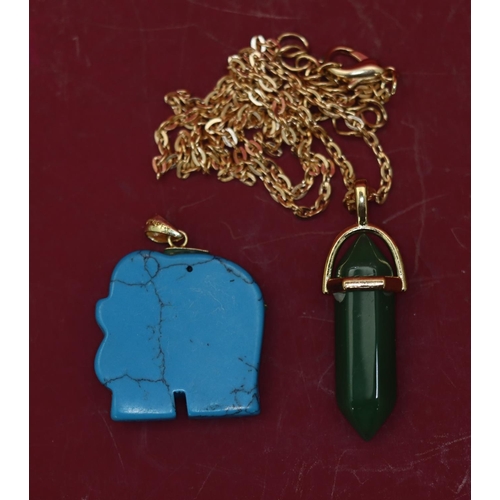 585 - A turquoise pendant in the form of an elephant, a jade style drop pendant with chain (3)