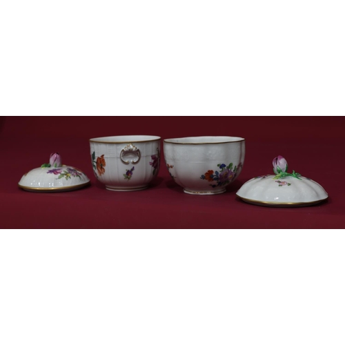 65 - 2 Dresden round lidded sugar bowls with floral finials with multicoloured floral and leaf decoration... 
