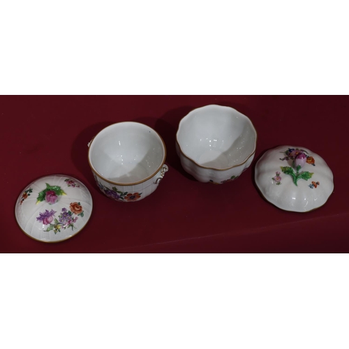65 - 2 Dresden round lidded sugar bowls with floral finials with multicoloured floral and leaf decoration... 