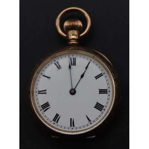 688 - A 9ct gold American Waltham fob watch with white enamel dial and Roman numerals, allover engraved fl... 