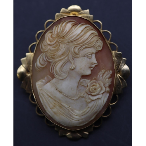 694 - A 9ct gold framed oval cameo figure of a lady, 5cm high, 10.7 grams gross