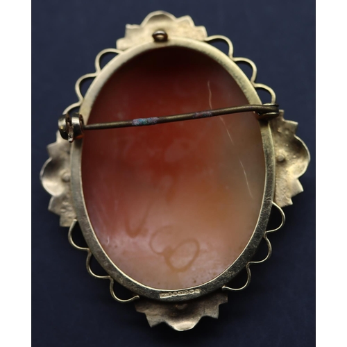 694 - A 9ct gold framed oval cameo figure of a lady, 5cm high, 10.7 grams gross