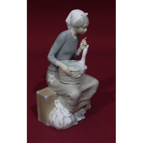 70 - A Nao figure of a seated young lady with a goose in a basket on her lap, 27cm high